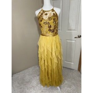 Womens Candalite Gold Ruffled Formal Dress Sz Small Sheath Halter Layered Prom